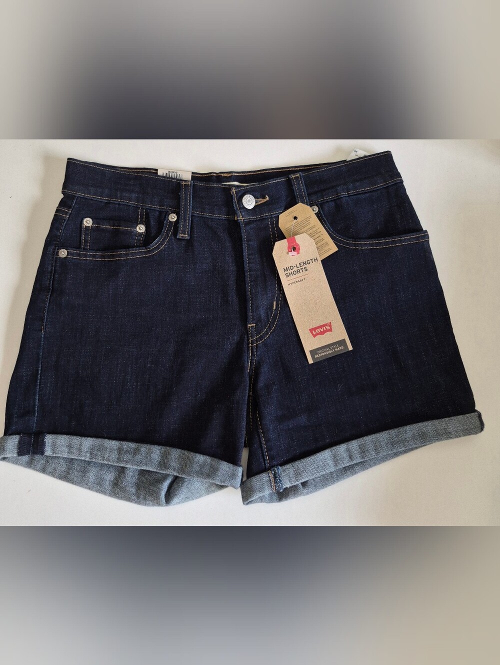 Levi's Dark Indigo Mid-Length Mid Rise Rolled Hem Jean Shorts